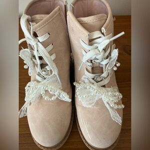 Jellypop Pink Lace-Up Boots with Lace and Pearl Accents